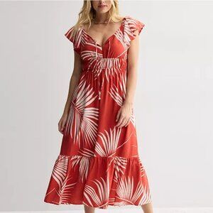 Women's Nine West Flutter Sleeve XL orange leaf tropical lined maxi dress tie